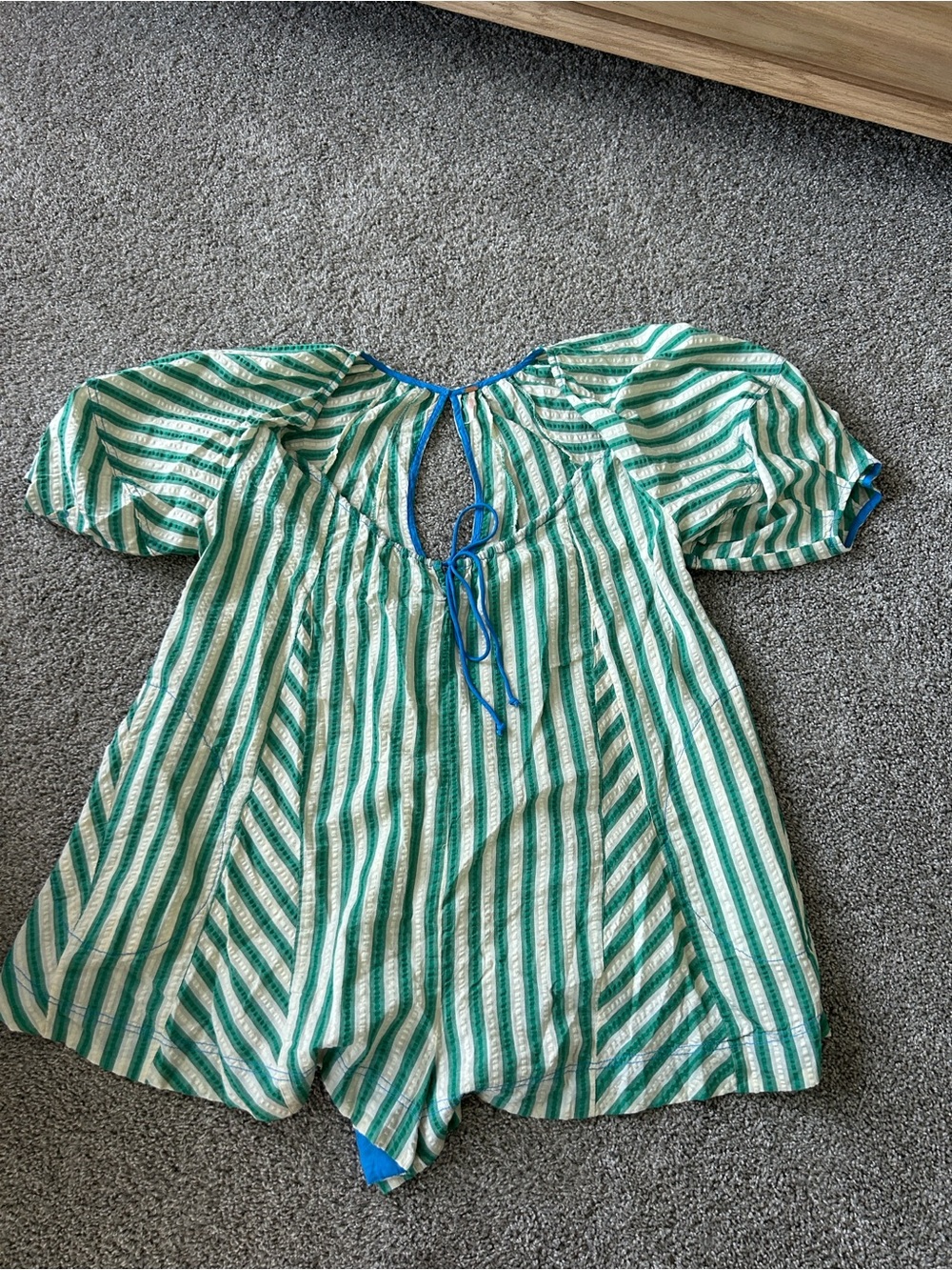 Free People Green & White Striped Puff-Sleeve Top with Blue Trim